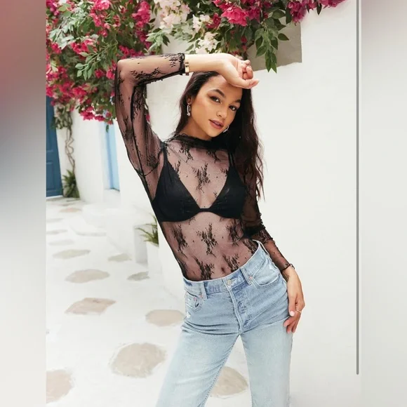 Black Sheer Lace Embroidered Mock Neck Mesh, Long Sleeve Floral Top - Picture 6 of 10